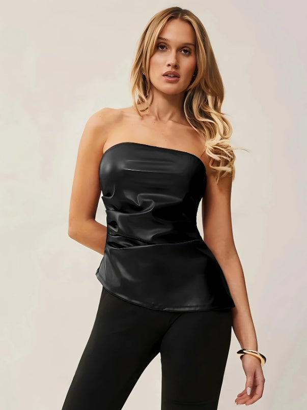 Women Carnival Concert Leather Bandeau Pleated Asymmetric Top